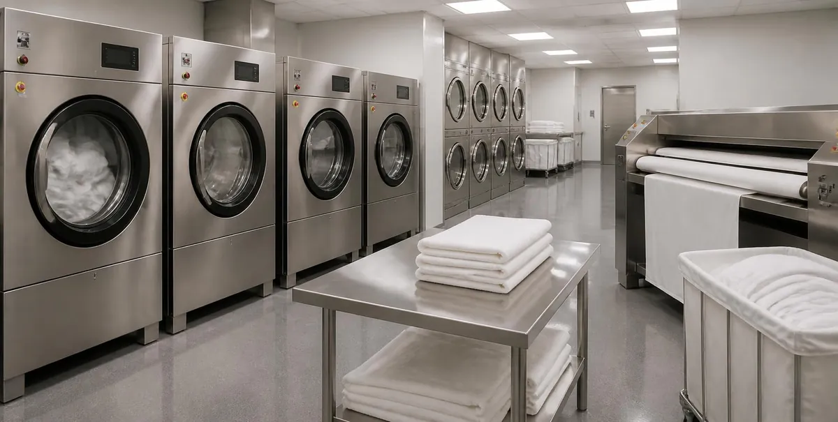 Commercial laundry with industrial washer-extractors, a flatwork ironer and folded linen